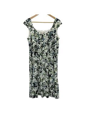 Signature Ella Floral Sundress Sz 16W White Navy Green Cap Sleeve Dress EUC
